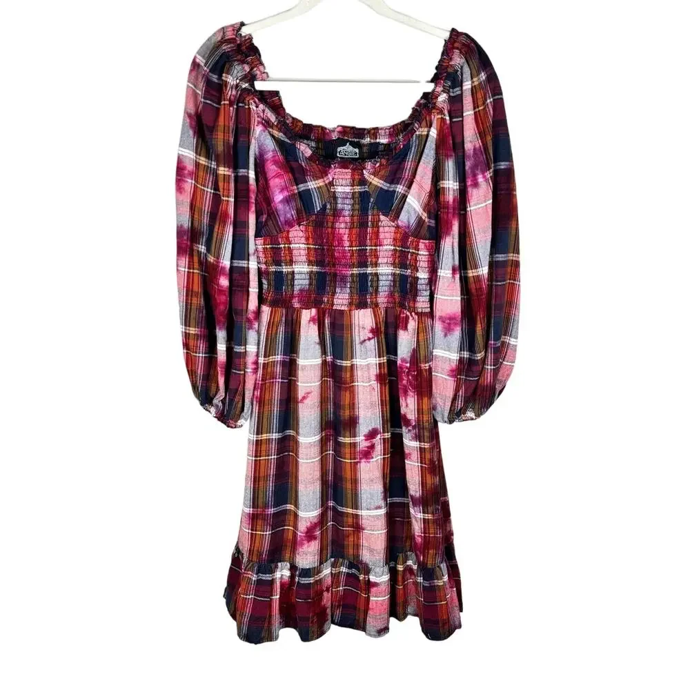 Angie Plaid Flannel Long Sleeve Dress Ruffle Hem Bleach Effect Size S Smocked